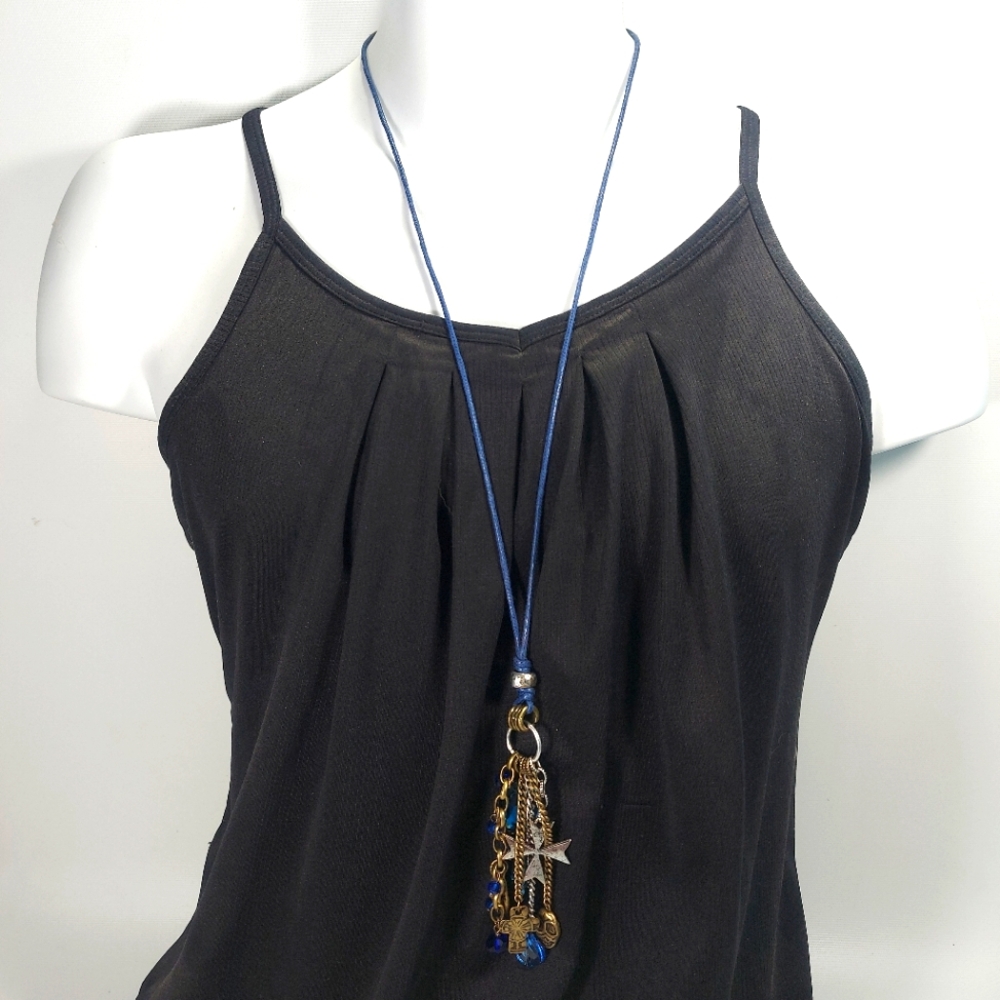 Mythologie Statement Necklace Boho Cross Faith Charms Crystals Teal Blue 19"